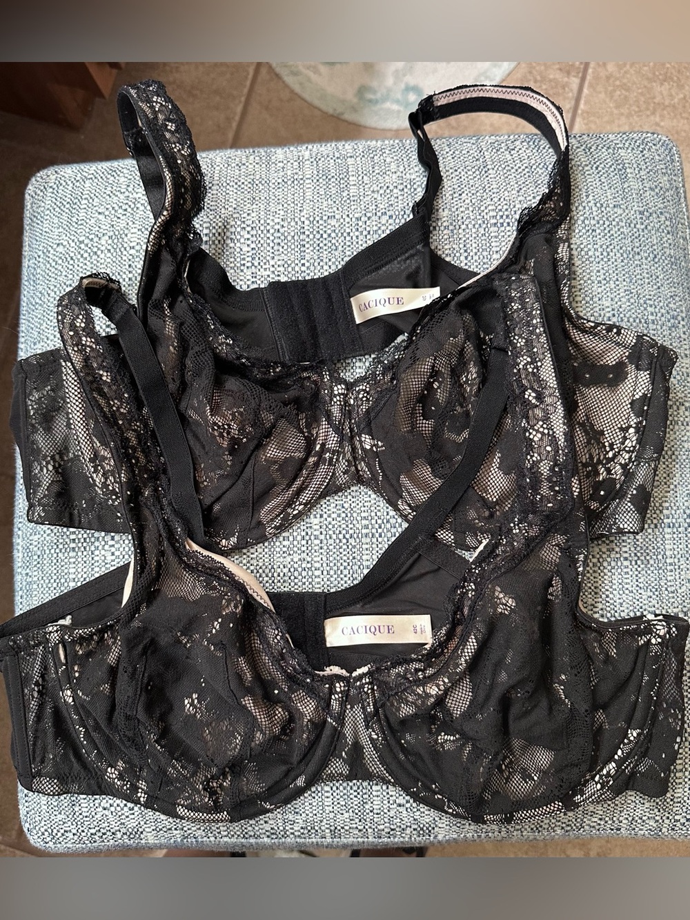 New (2) Cacique Black Lace Underwire Bra Duo - Sheer Mesh -42C